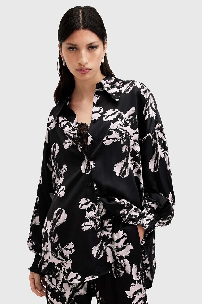 Košeľa s prímesou hodvábu AllSaints CHARLI SHIRT čierna farba, voľný strih, s klasickým golierom, W010PB