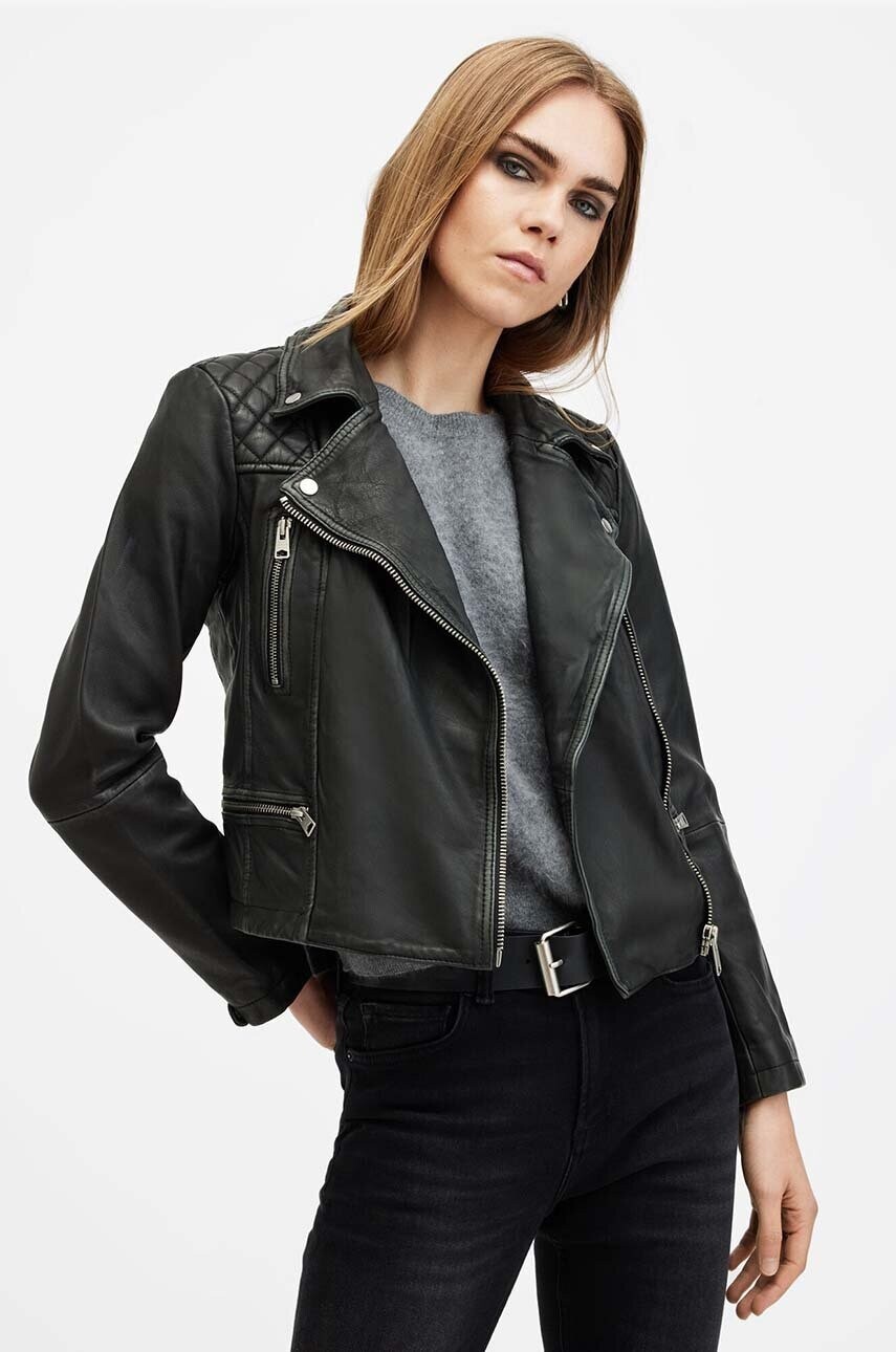 Kožená bunda AllSaints CARGO BIKER dámska, čierna farba, prechodná, W085LB