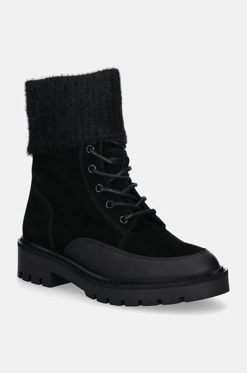 Členkové topánky Calvin Klein Jeans COMBAT MID LACE UP BOOT WL dámske, čierna farba, na plochom podpätku, YW0YW01599