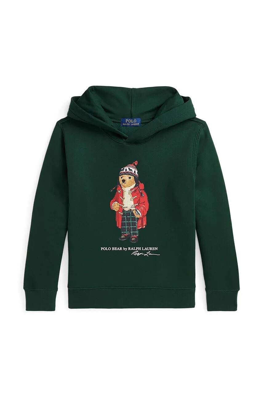 Detská mikina Polo Ralph Lauren zelená farba, s kapucňou, s potlačou, 323960440003