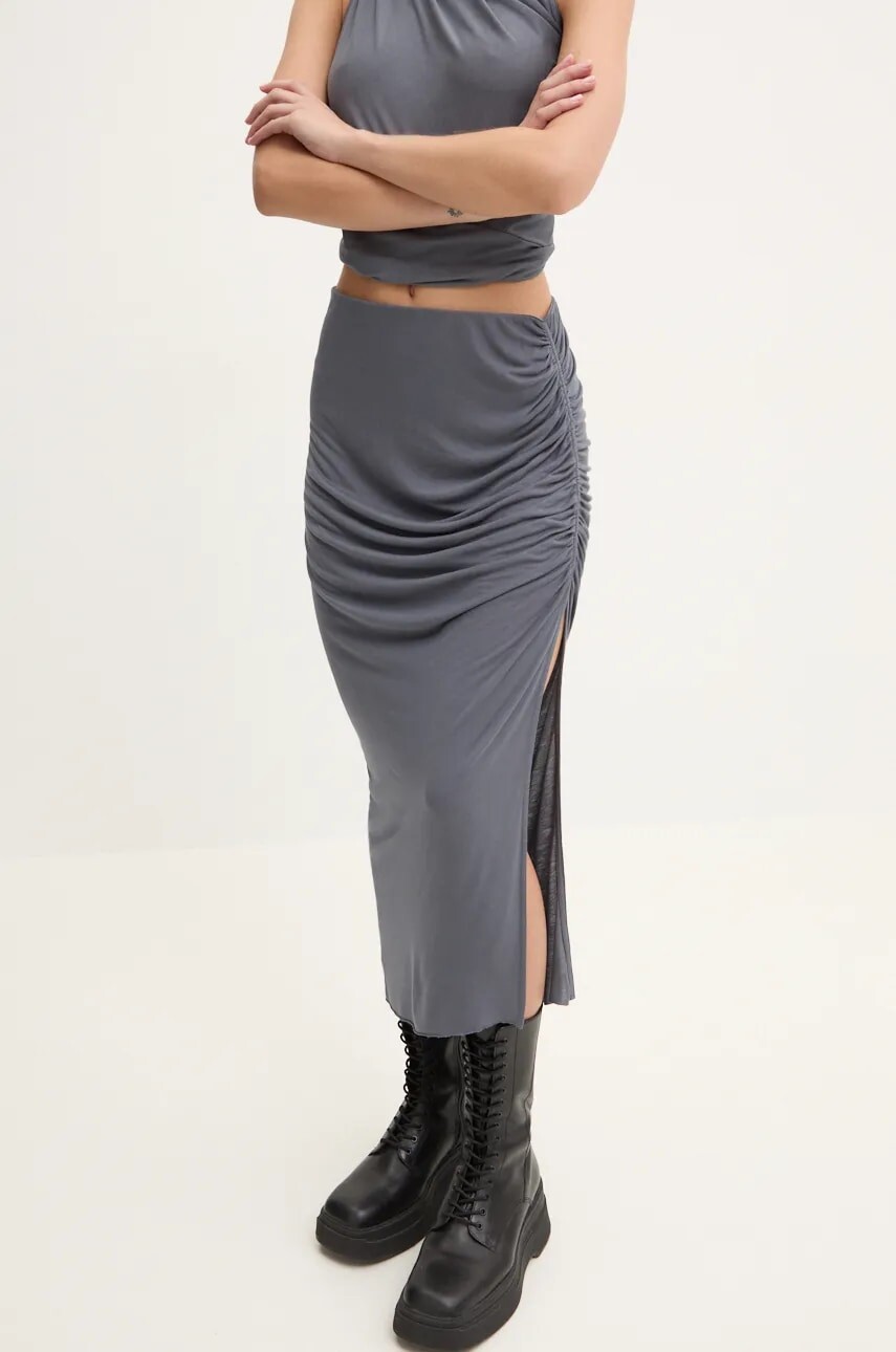 Sukňa Rick Owens Lilies šedá farba, midi, puzdrová, LI02D5310RV