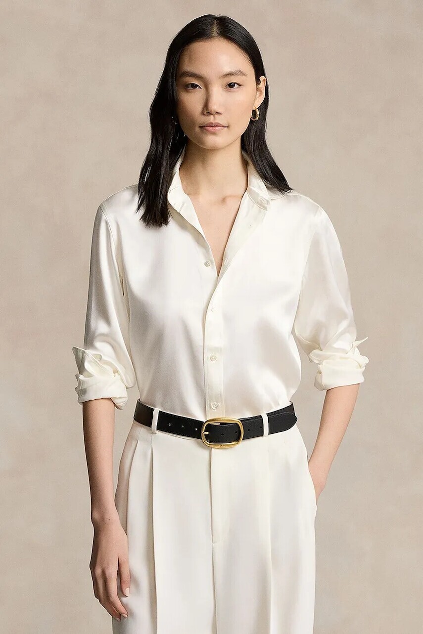 Hodvábna košeľa Polo Ralph Lauren béžová farba, slim, s klasickým golierom, 211891378