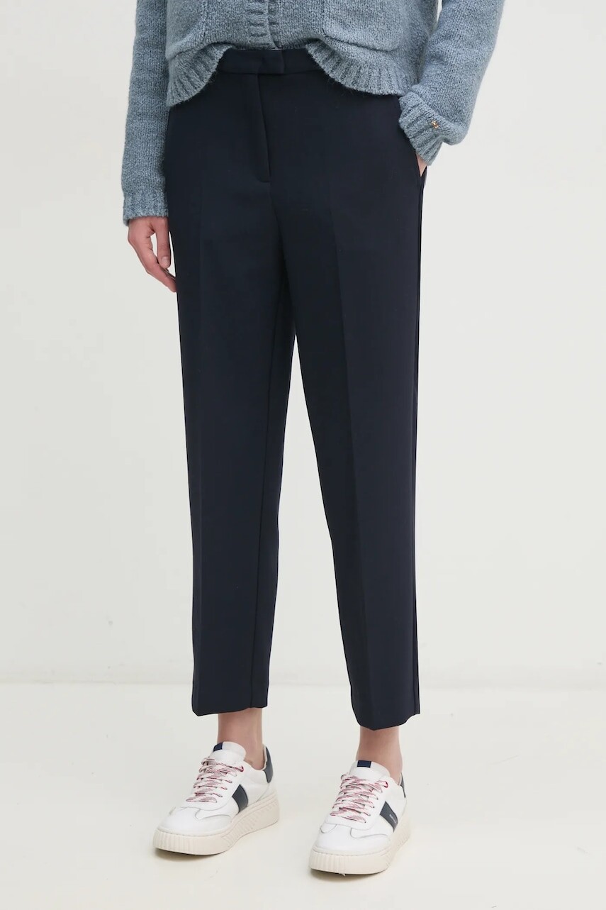 Nohavice Tommy Hilfiger dámske, tmavomodrá farba, rovné, vysoký pás, WW0WW44090