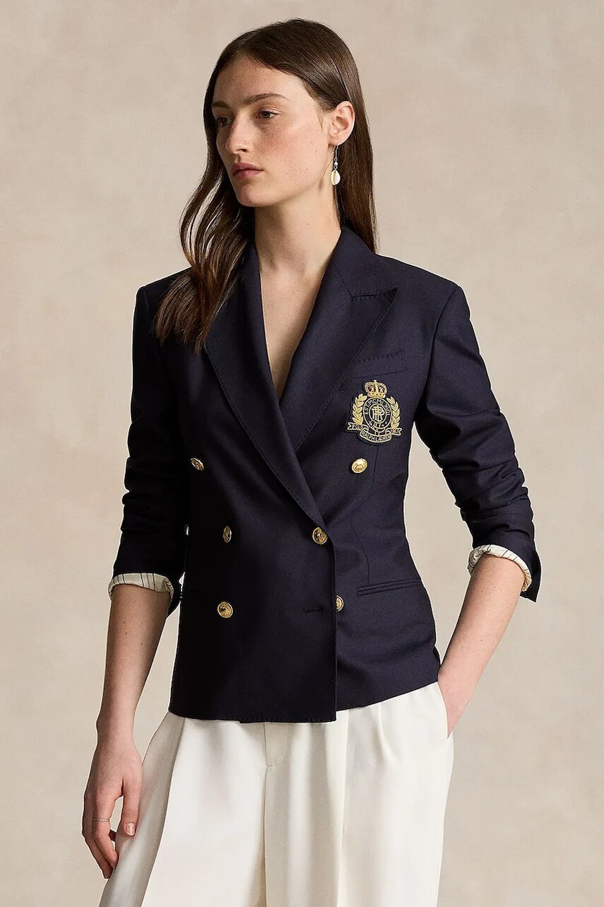Vlnené sako Polo Ralph Lauren tmavomodrá farba, dvojradové, jednofarebné, 211910403