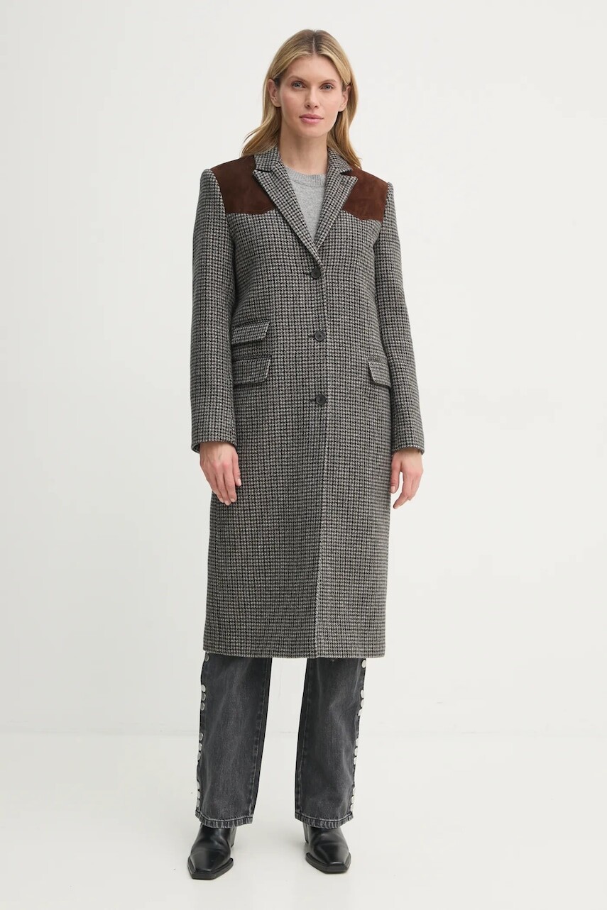 Kabát The Kooples dámsky, šedá farba, prechodný, FMAN29002K