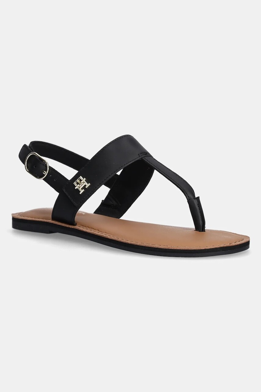 Kožené sandále Tommy Hilfiger LEATHER THONG SANDAL dámske, čierna farba, FW0FW08505