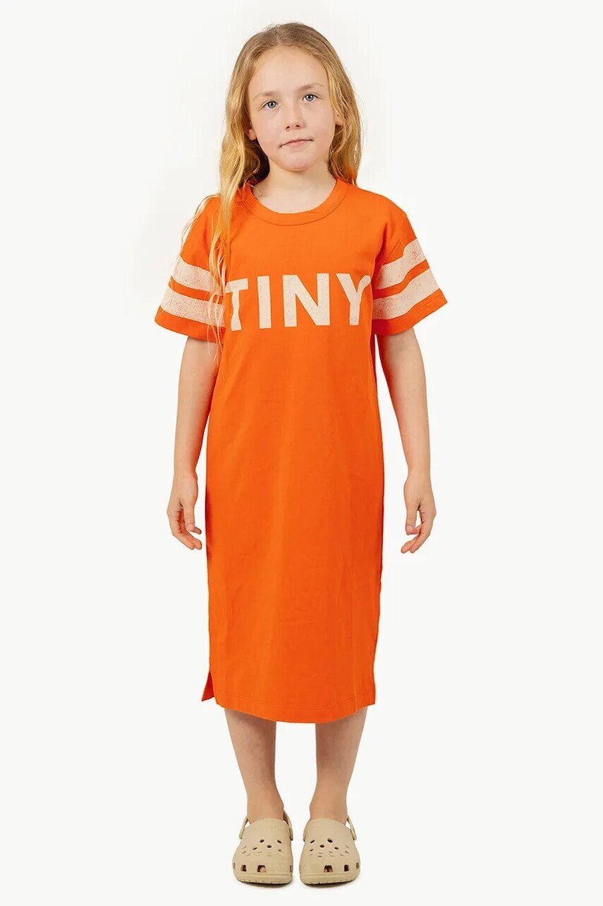 Dievčenské bavlnené šaty Tinycottons STRIPES DRESS oranžová farba, mini, rovný strih, SS25-135