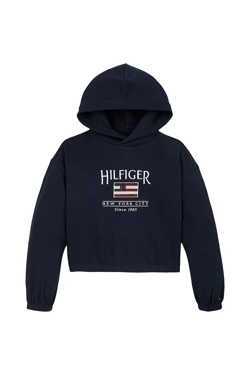 Detská mikina Tommy Hilfiger tmavomodrá farba, s kapucňou, s nášivkou, KG0KG08558