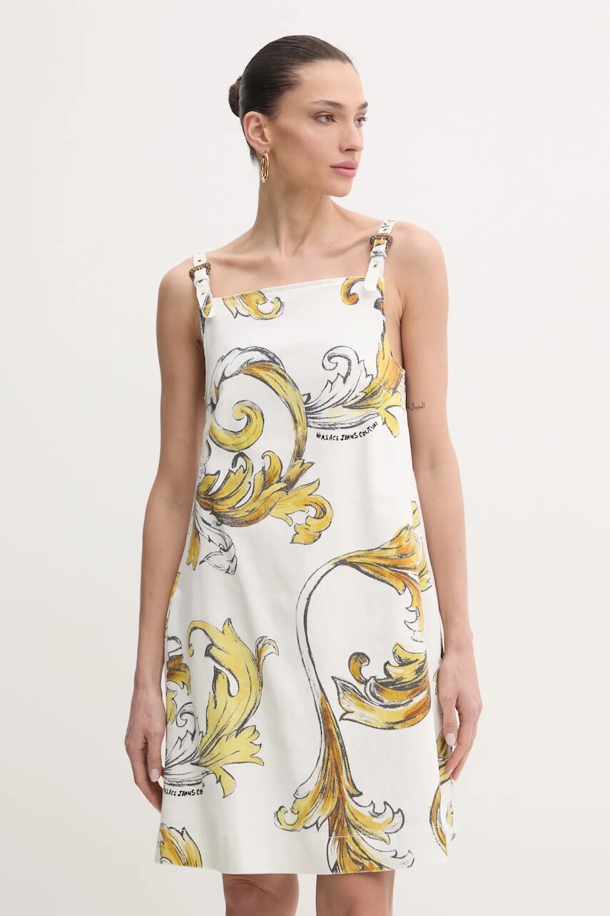 Rifľové šaty Versace Jeans Couture biela farba, mini, rovný strih, 78HAO954 ES138SS0