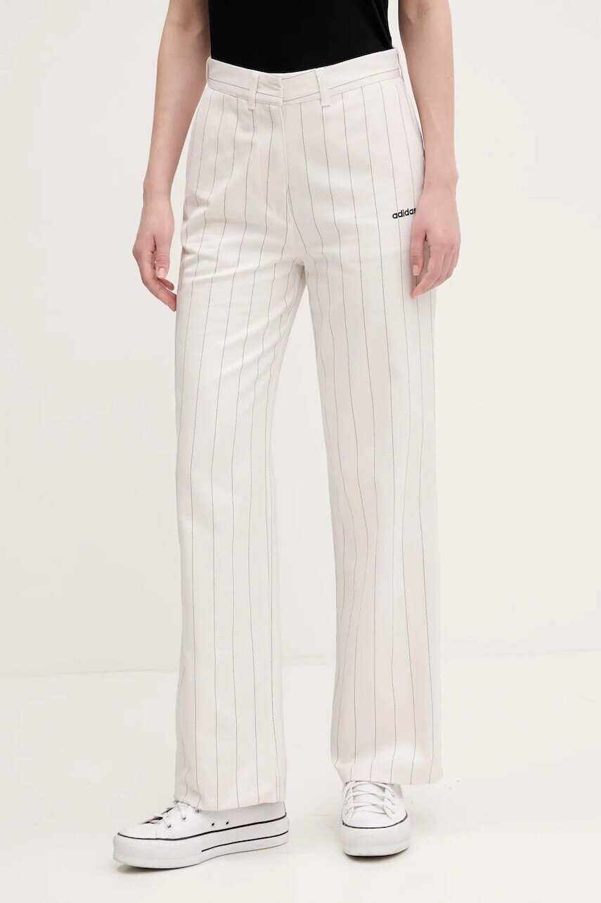 Nohavice adidas Originals PINSTRIPE PANTS dámske, béžová farba, široké, vysoký pás, JJ3483