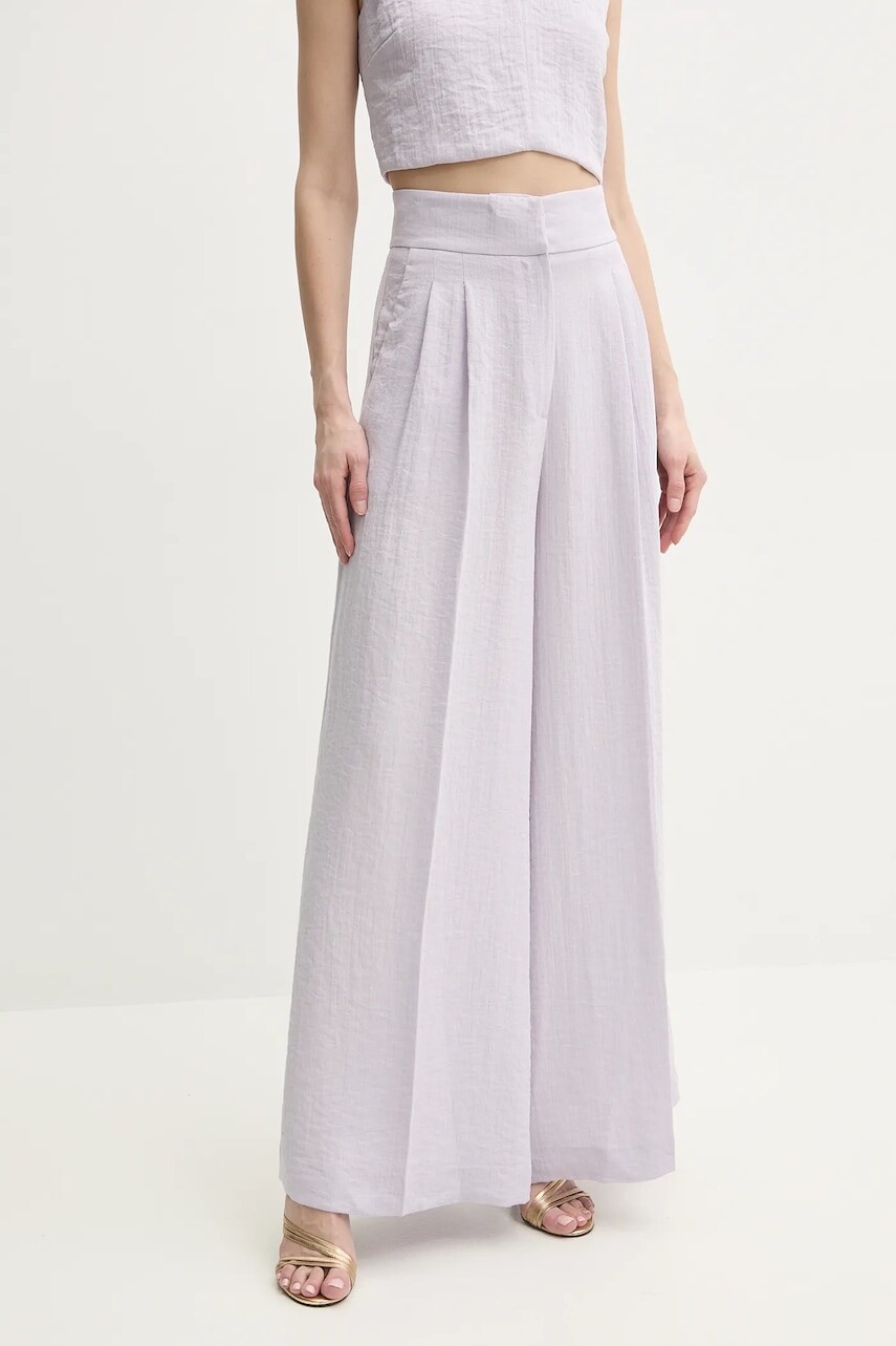 Nohavice s prímesou ľanu Twinset dámske, fialová farba, široké, vysoký pás, 251TT2281