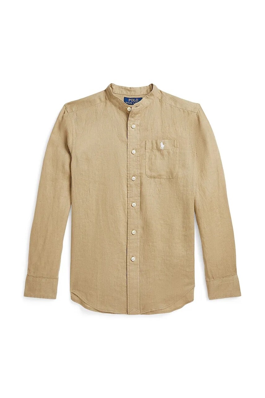 Detská ľanová košeľa Polo Ralph Lauren hnedá farba, 323964592003