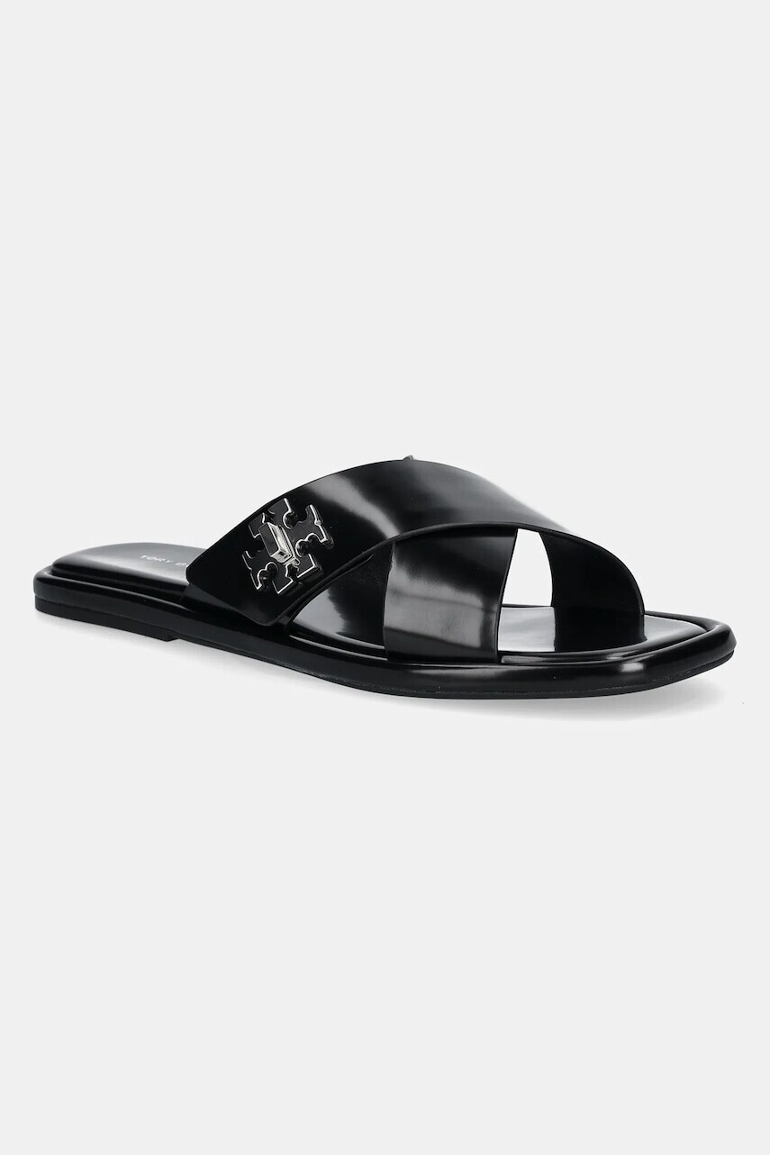 Kožené šľapky Tory Burch T Lock Cross Band Slide dámske, čierna farba, 170611-006