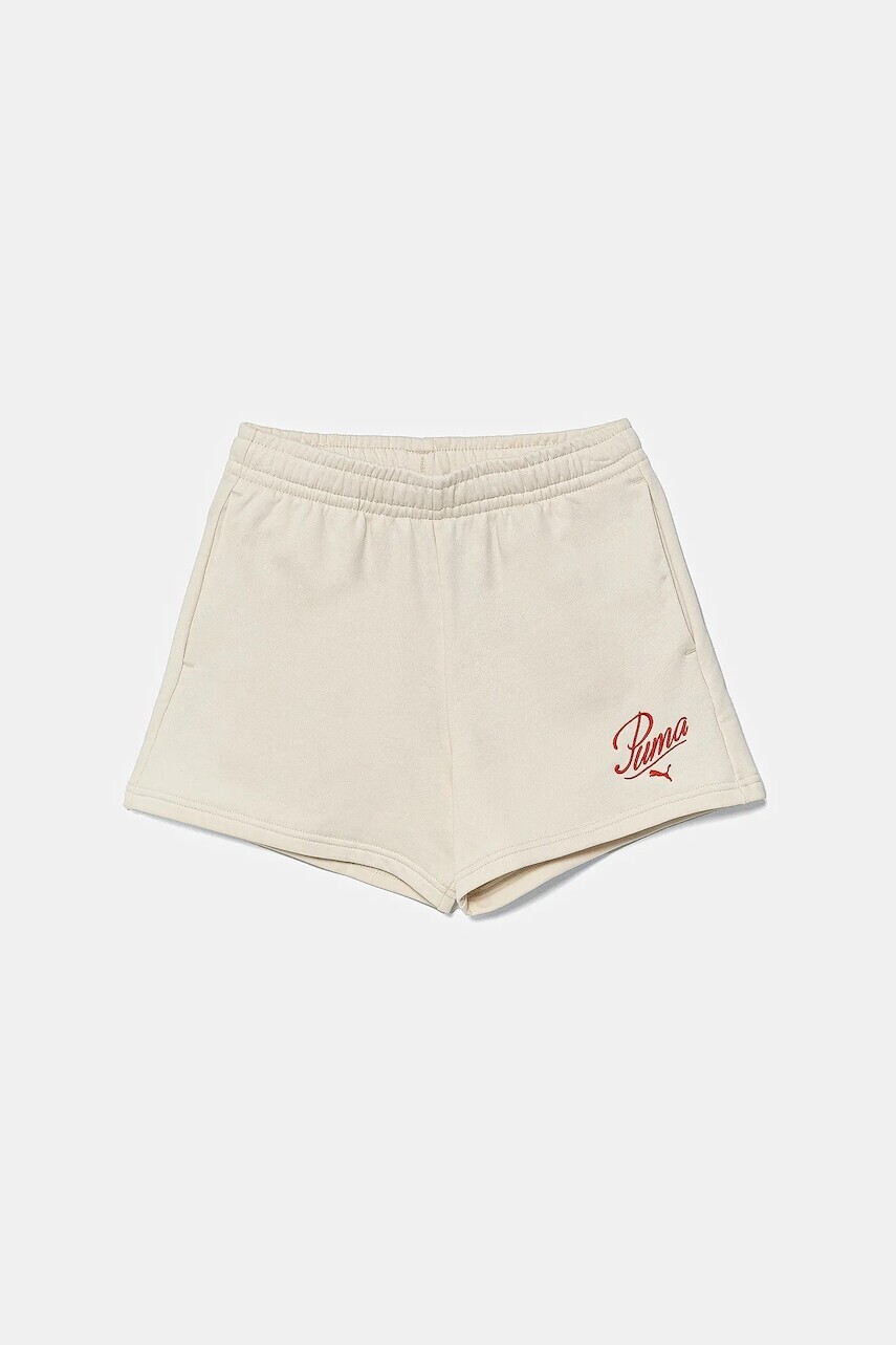 Detské krátke nohavice Puma ESS SCRIPT Shorts G béžová farba, s nášivkou, 685869