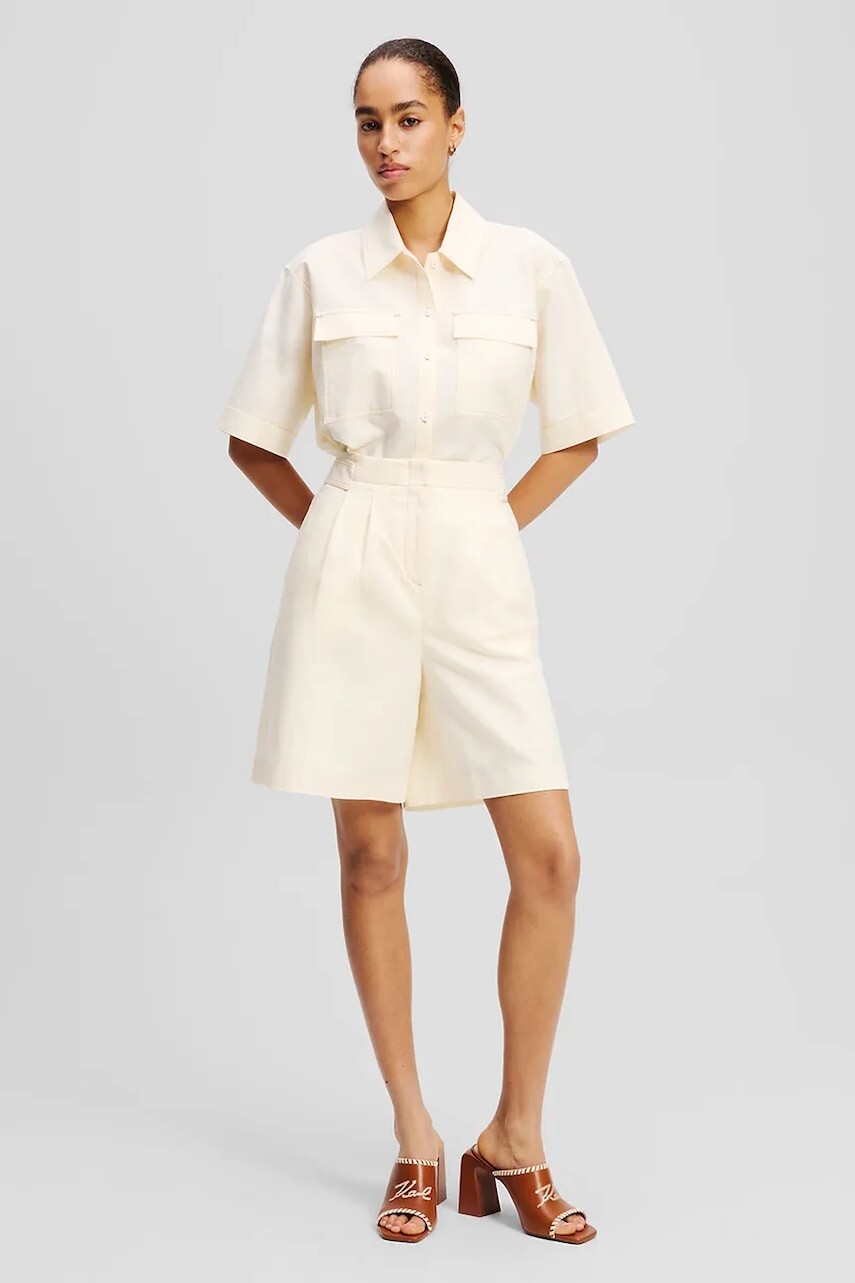 Ľanové šortky Karl Lagerfeld dámske, béžová farba, jednofarebné, vysoký pás, A2W10015