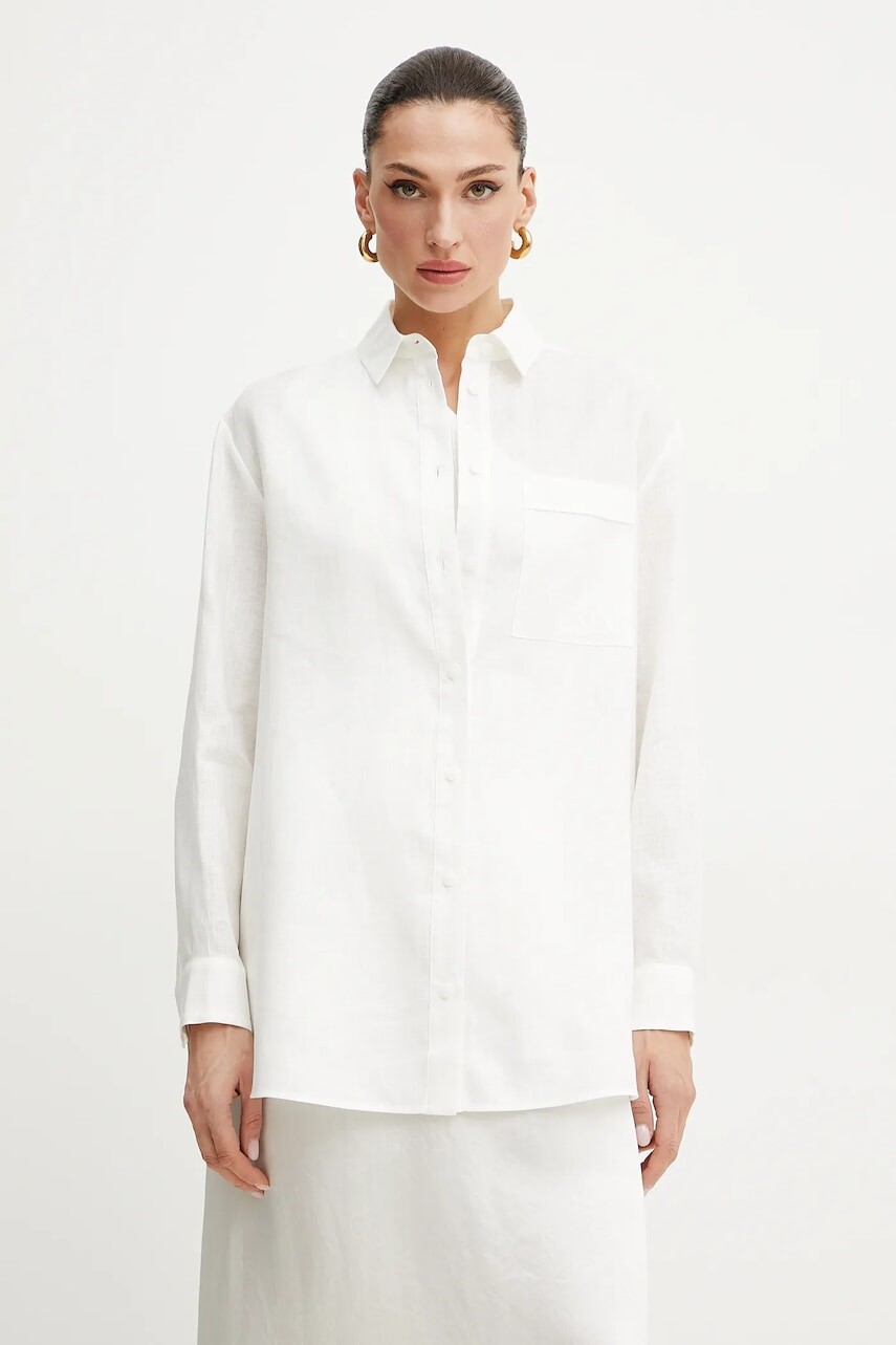 Ľanová košeľa MM dámska, biela farba, voľný strih, s klasickým golierom, 2516111018600