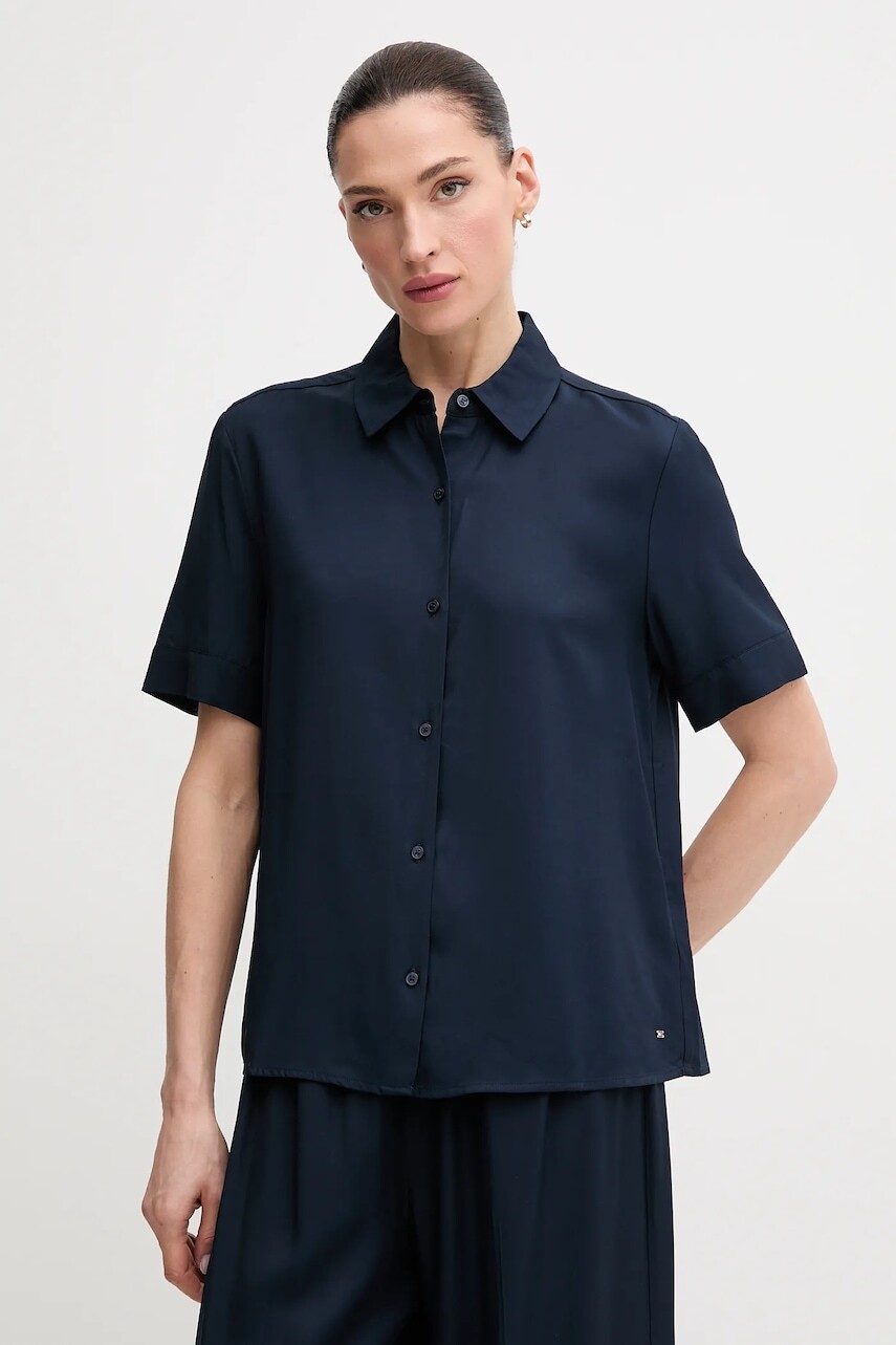 Košeľa Tommy Hilfiger dámska, tmavomodrá farba, voľný strih, s klasickým golierom, WW0WW44683