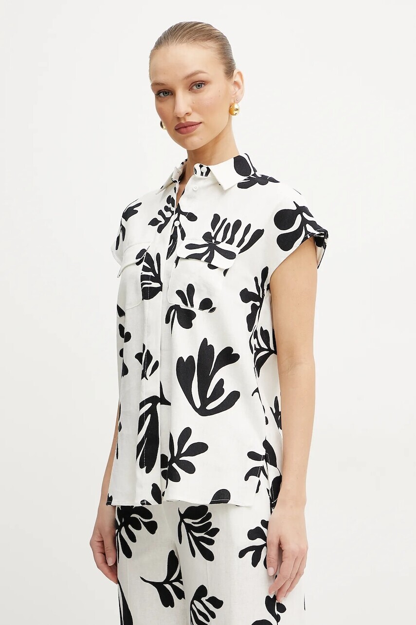 Ľanová košeľa Marella ADDOTTO dámska, biela farba, regular, s klasickým golierom, 2513111142200