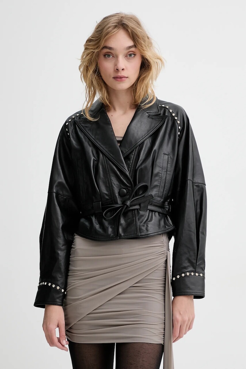 Kožená bunda Blugirl Blumarine čierna farba, prechodná, oversize, RA5085.P0356