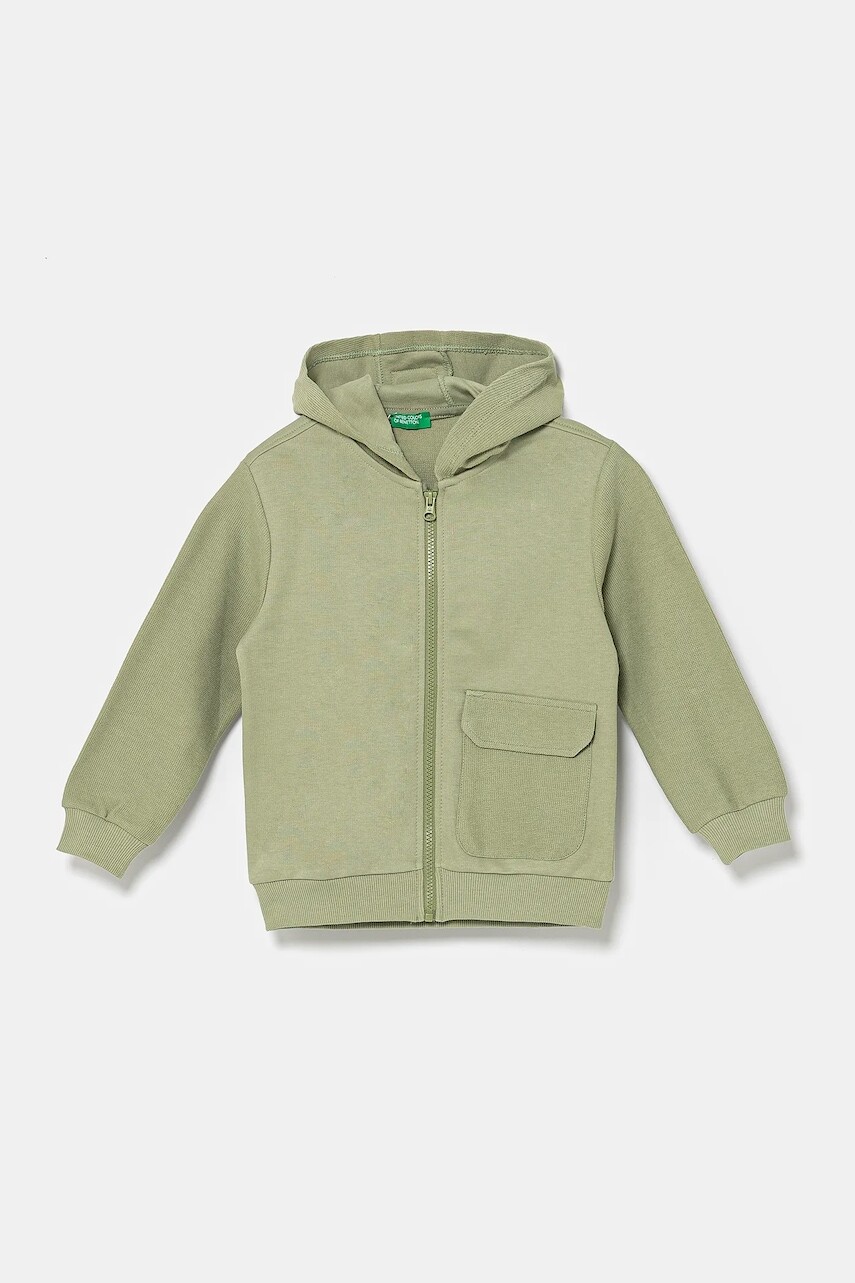 Detská bavlnená mikina United Colors of Benetton zelená farba, s kapucňou, s nášivkou, 3T31G503Q