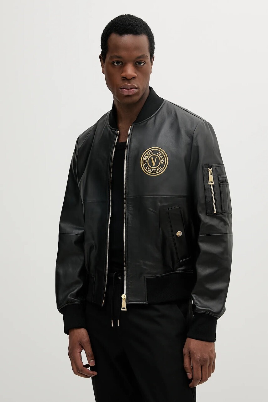 Kožená bunda bomber Versace Jeans Couture čierna farba, prechodná, 78GAVP06 CPPS3