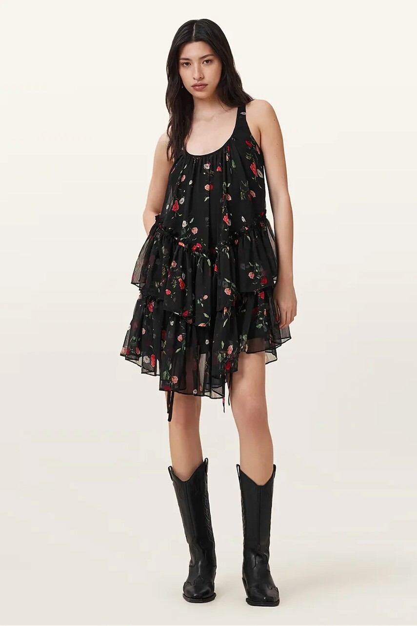 Šaty AllSaints RACH čierna farba, mini, áčkový strih, W107DC