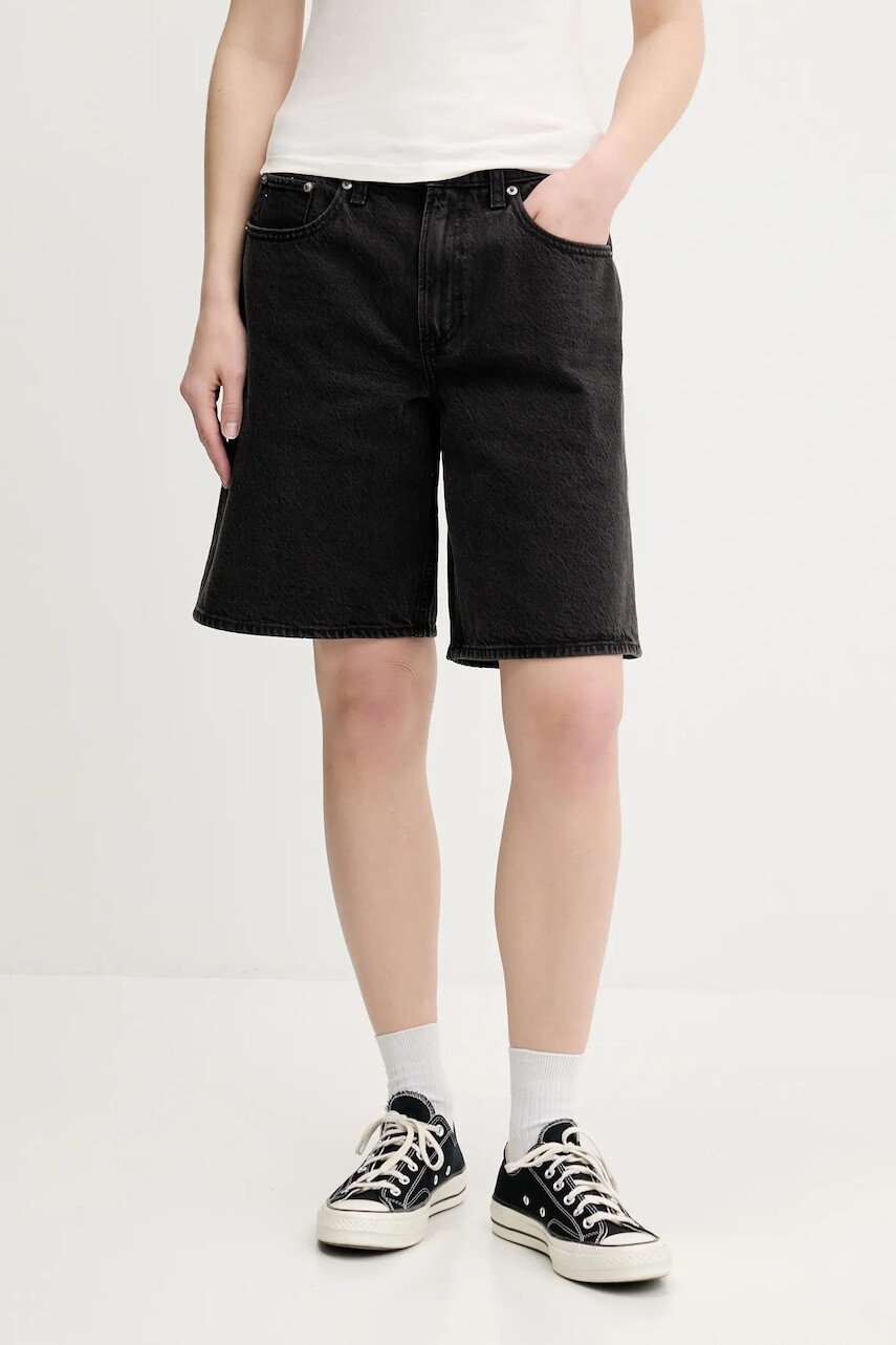Rifľové krátke nohavice Abercrombie & Fitch čierna farba, jednofarebná, vysoký pás, KI149-5120