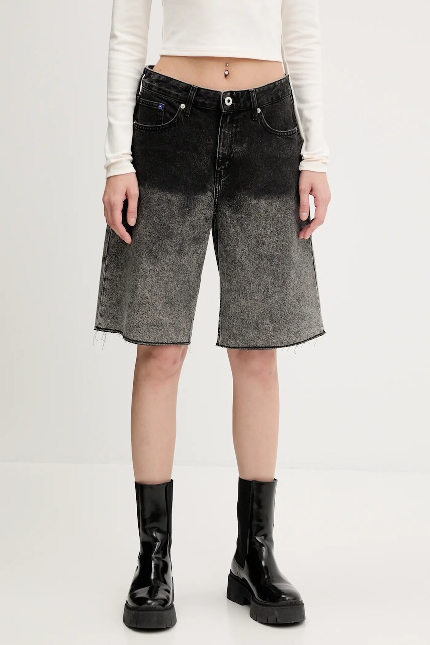 Rifľové krátke nohavice Karl Lagerfeld Jeans šedá farba, vzorované, vysoký pás, A3W10131