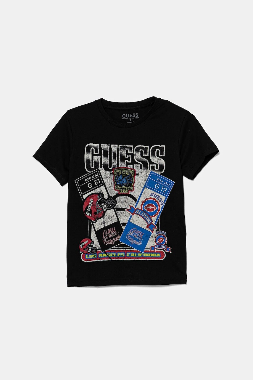 Detské bavlnené tričko Guess čierna farba, s potlačou, L5YI10 K8HM4