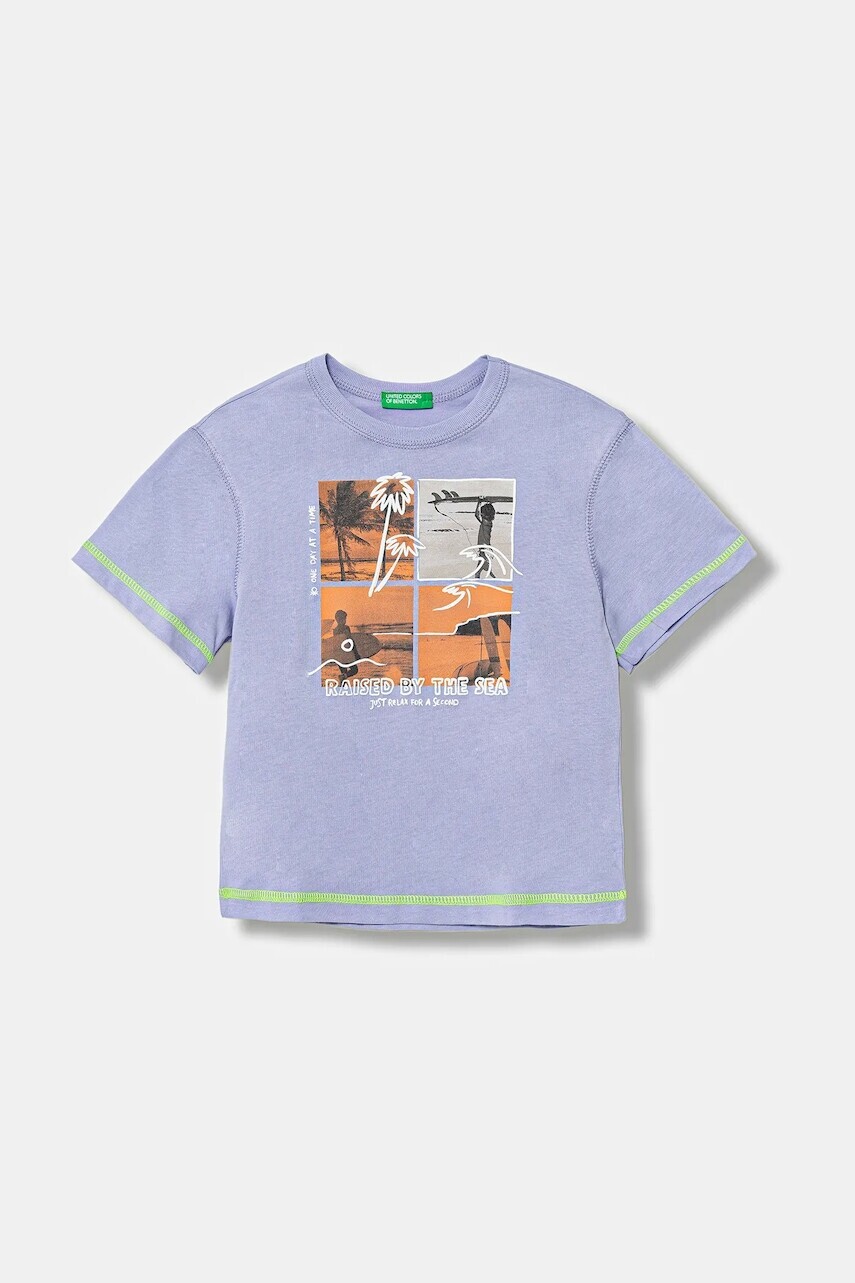 Detské bavlnené tričko United Colors of Benetton fialová farba, s potlačou, 3I1XG10JG