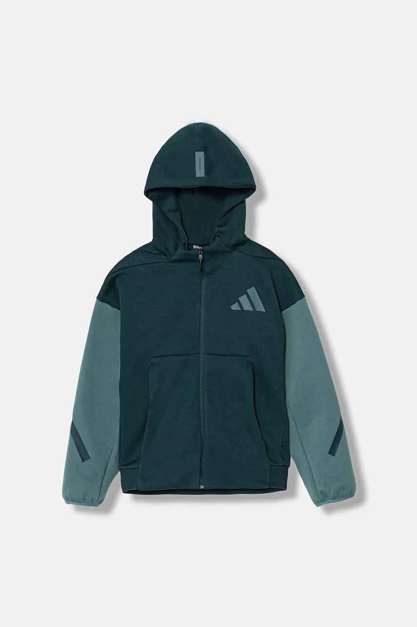 Detská mikina adidas zelená farba, s kapucňou, vzorovaná, JX9929