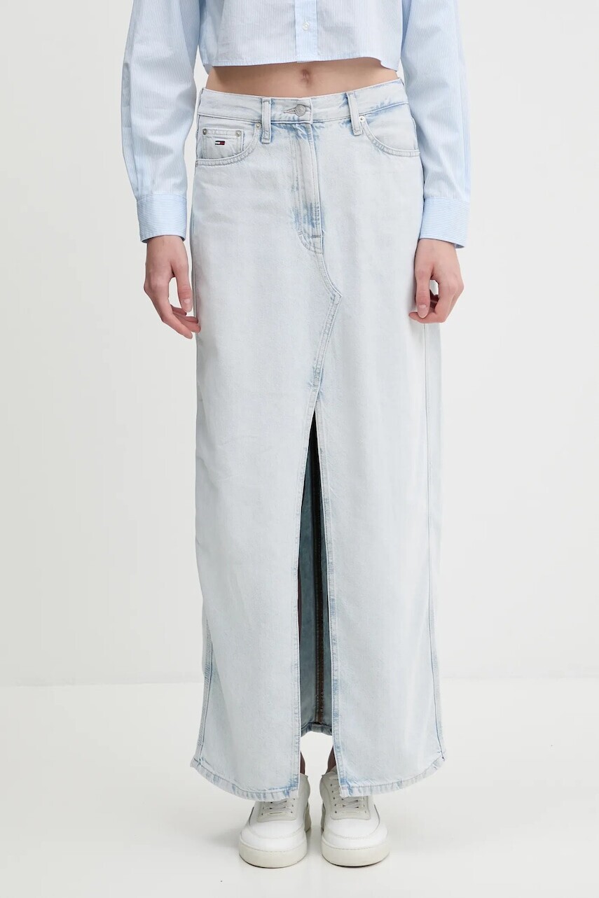 Rifľová sukňa Tommy Jeans modrá farba, maxi, rovný strih, DW0DW21069