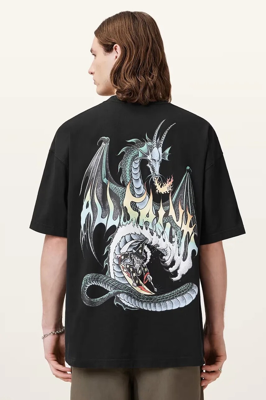 Bavlnené tričko AllSaints DRAGON pánske, čierna farba, s potlačou, M036PC