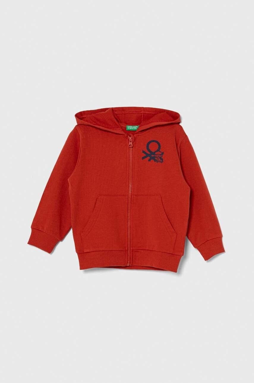 Detská bavlnená mikina United Colors of Benetton červená farba, s kapucňou, s potlačou
