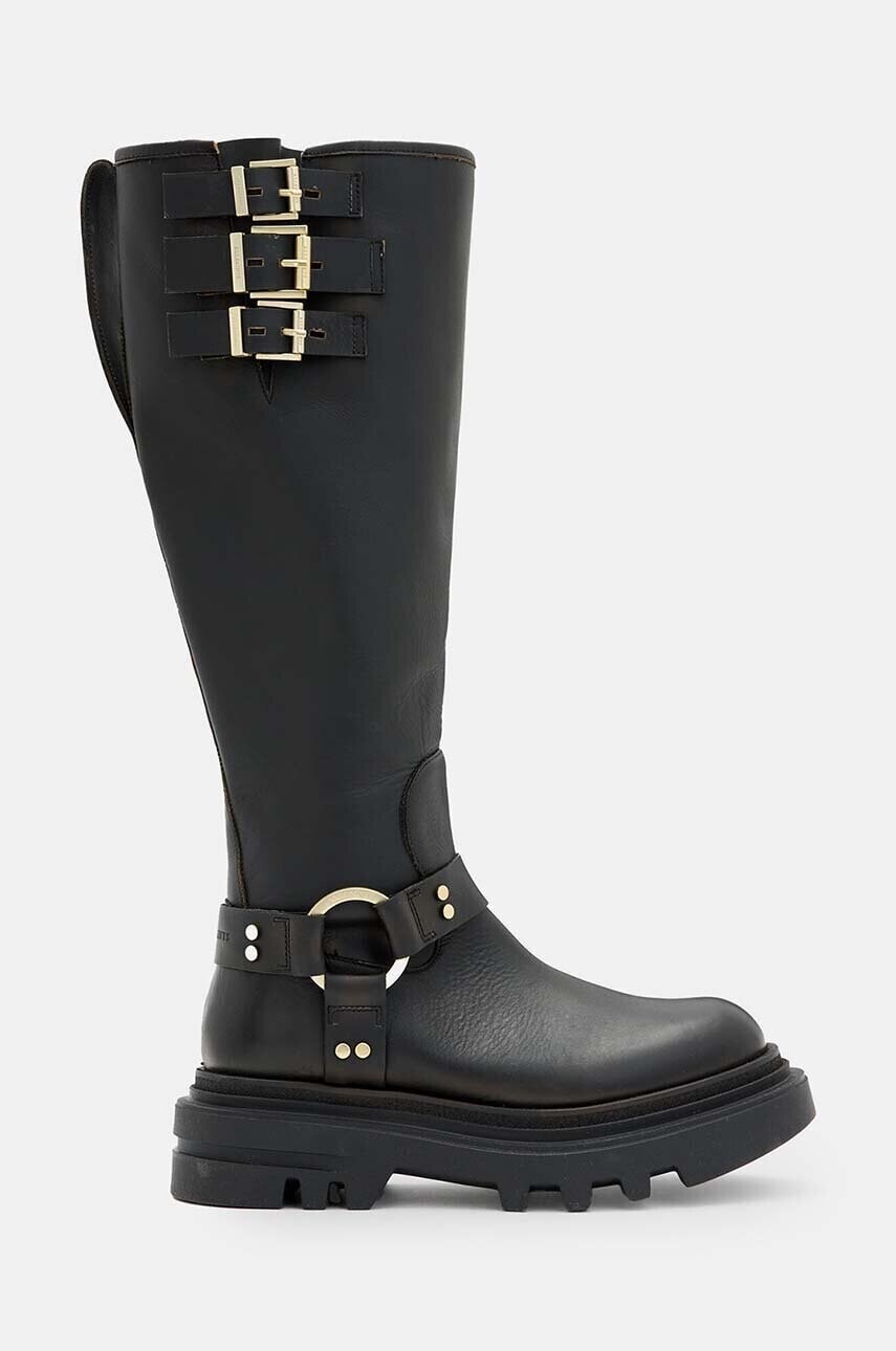 Kožené čižmy AllSaints Jade Biker Boot dámske, čierna farba, na platforme, W055FB