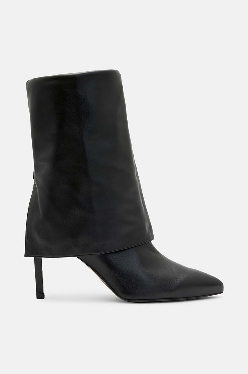 Kožené kozačky AllSaints Odyssey Boot dámske, čierna farba, na vysokom podpätku, W101FB