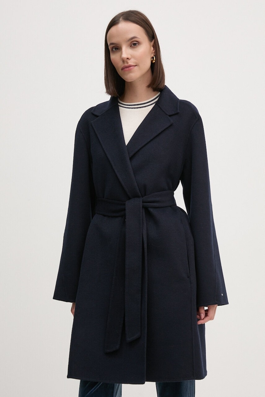 Vlnený kabát Tommy Hilfiger tmavomodrá farba, prechodný, oversize, WW0WW43603