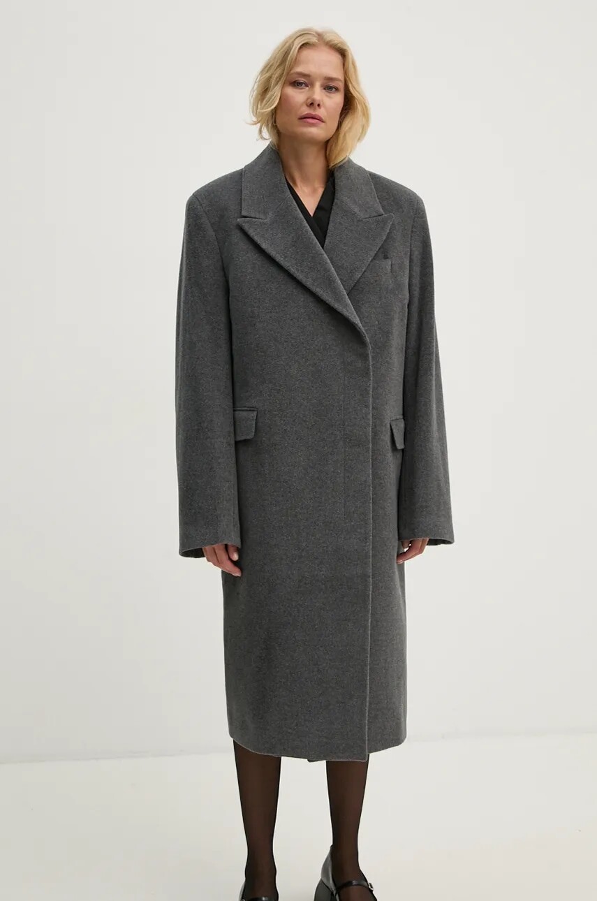 Vlnený kabát Remain Heavy Wool Long Coat šedá farba, prechodný, dvojradový, 501889514
