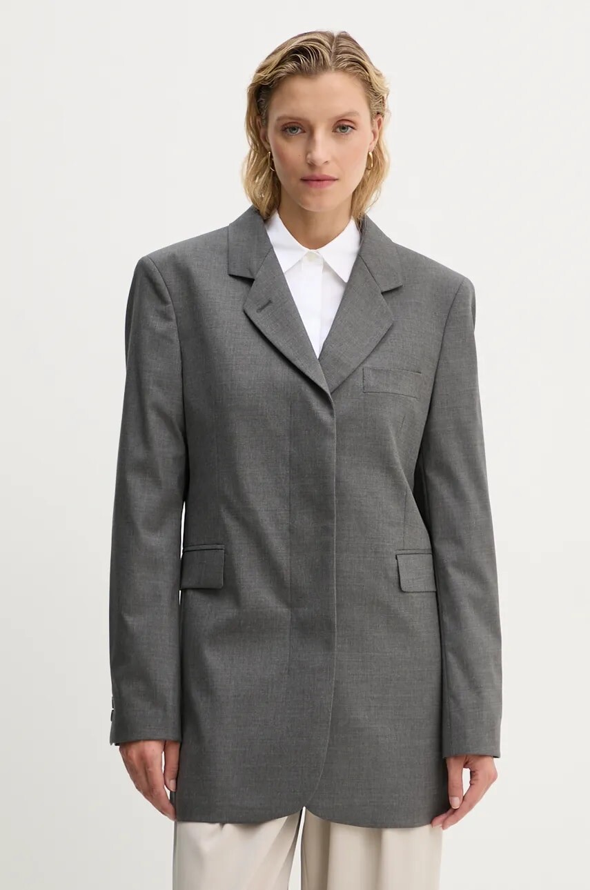 Sako s prímesou vlny Remain Boxy Blazer šedá farba, jednoradové, jednofarebné, 5018971959