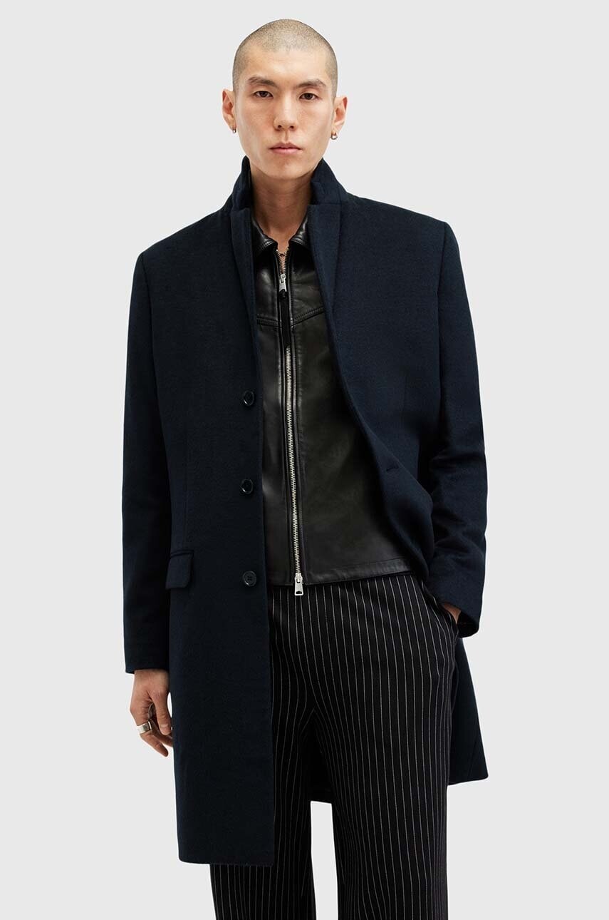 Kabát s prímesou vlny AllSaints HAL COAT tmavomodrá farba, prechodný, M005OZ