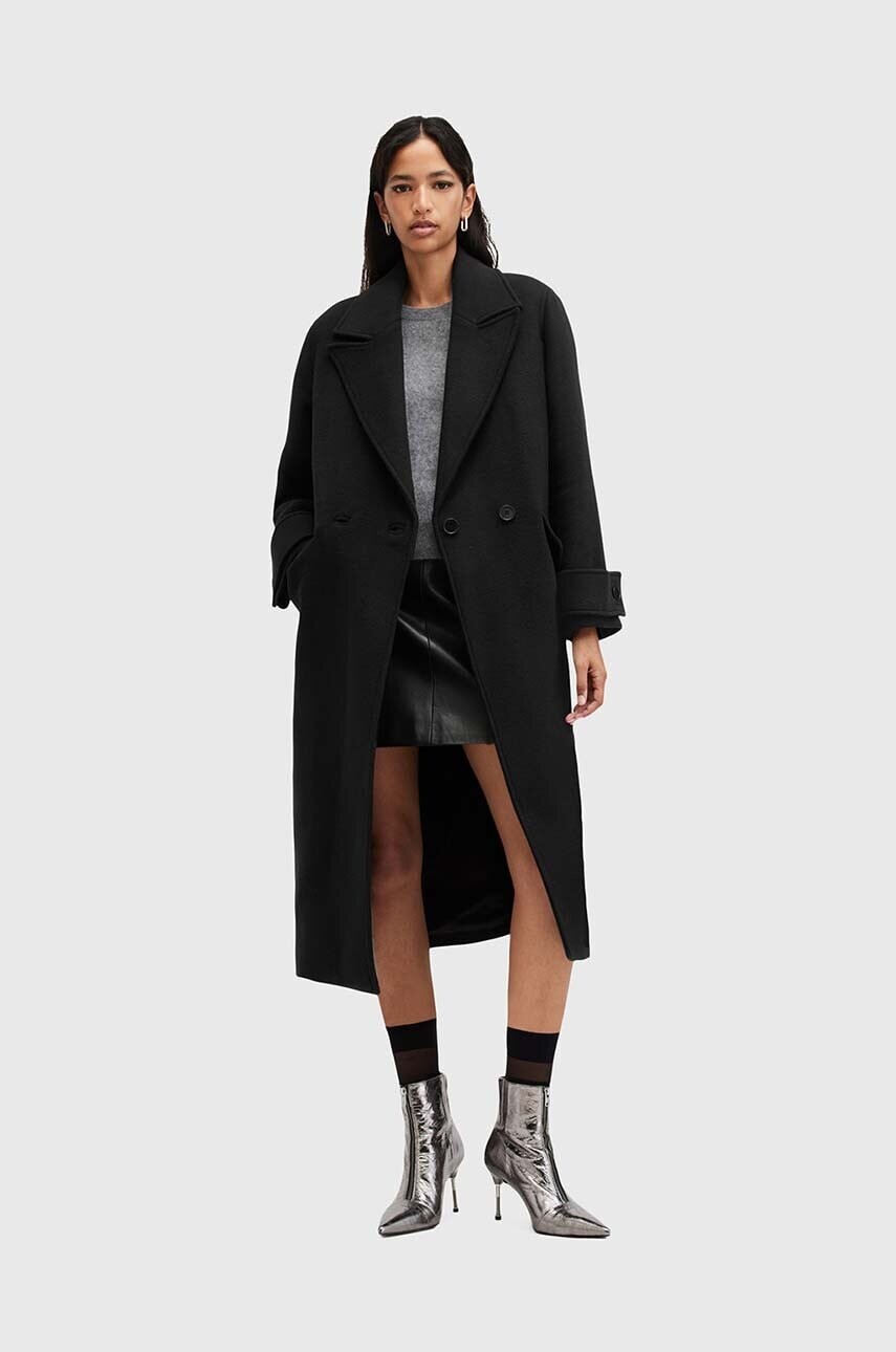 Kabát s prímesou vlny AllSaints MABEL COAT čierna farba, prechodný, dvojradový, W006OZ
