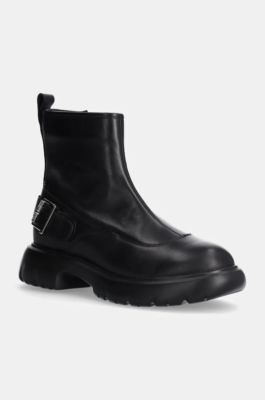 Kožené členkové topánky Karl Lagerfeld PHOENIX dámske, čierna farba, na plochom podpätku, KL42165