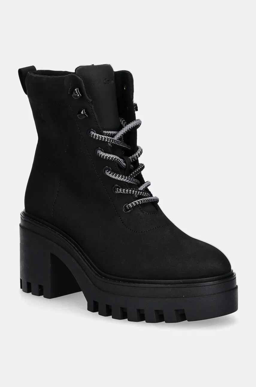 Členkové topánky Calvin Klein Jeans CHUNKY HEELED ZIP BOOT LTH dámske, čierna farba, na podpätku, YW0YW01548