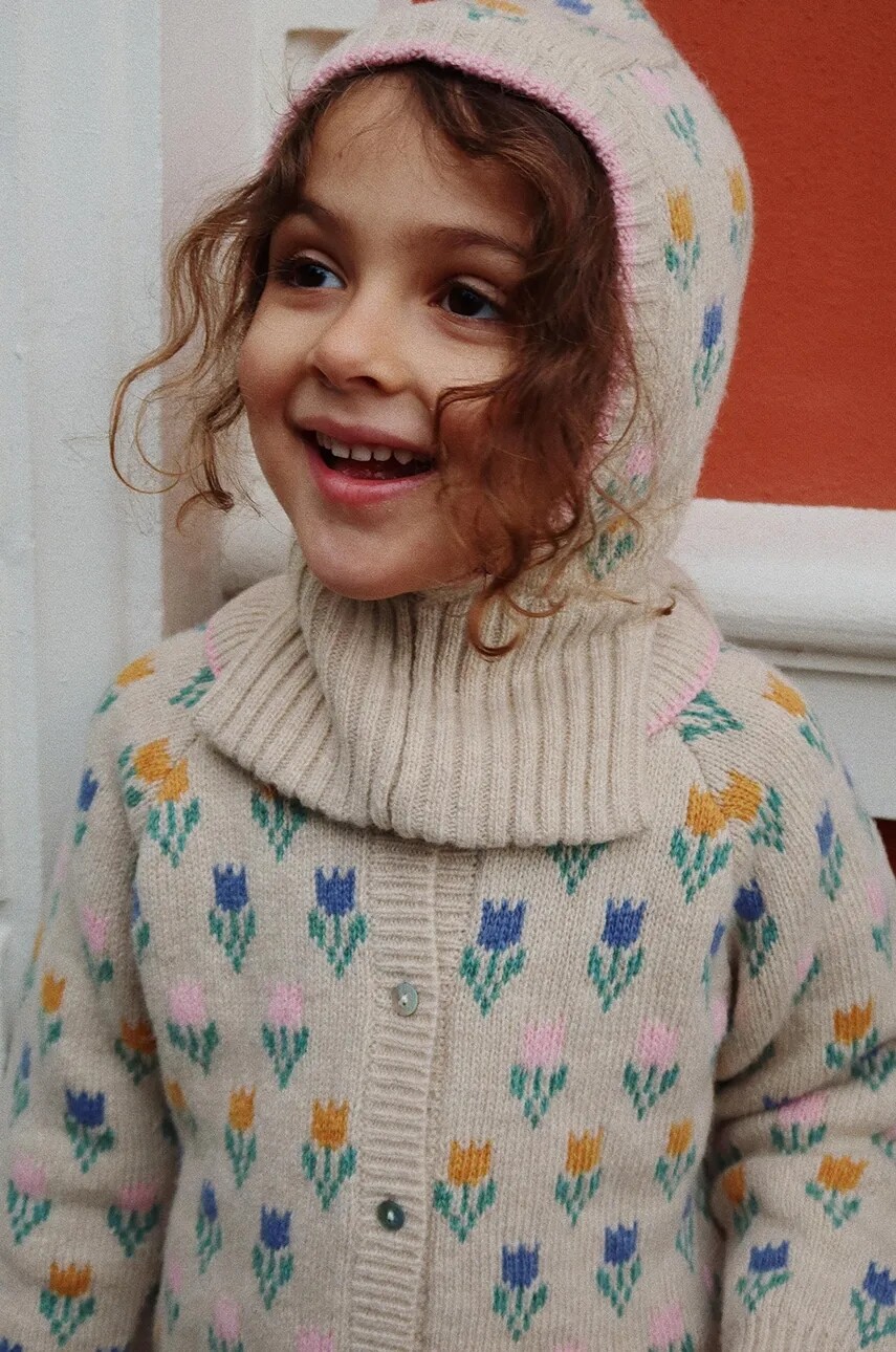 Detská vlnená kukla Konges Sløjd BELOU TULIPE KNIT BALACLAVA béžová farba, KS101429