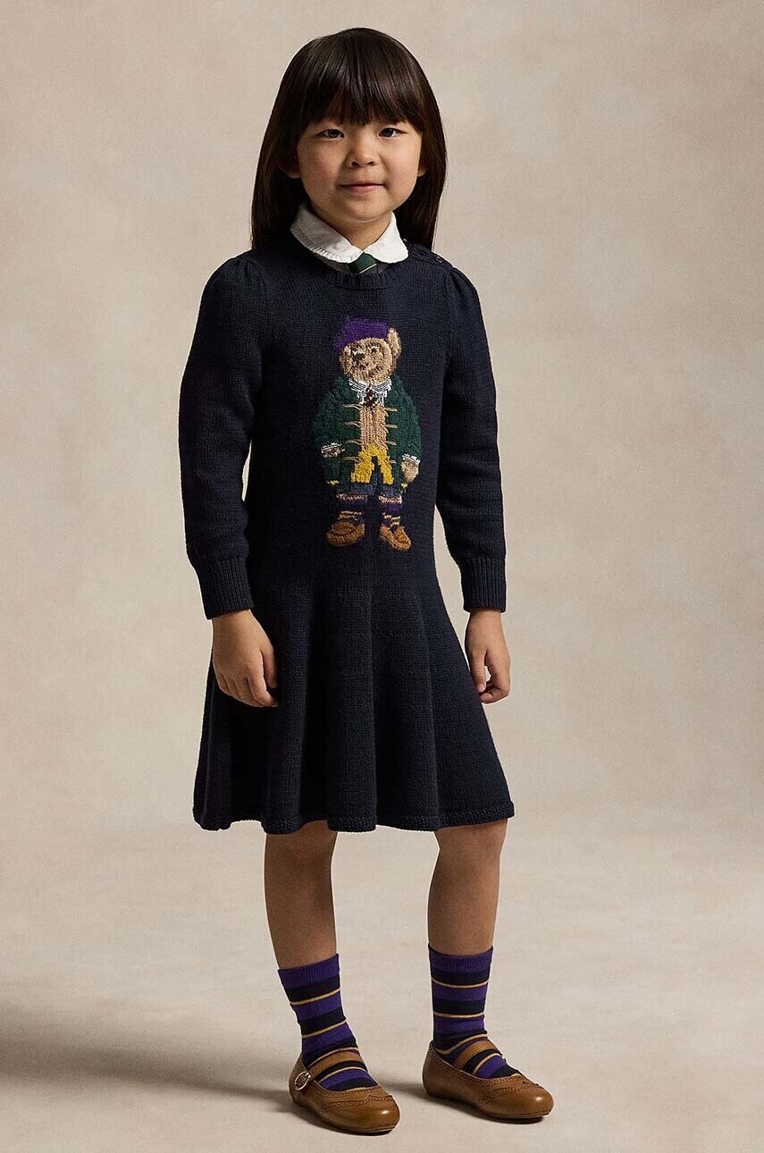 Dievčenské bavlnené šaty Polo Ralph Lauren tmavomodrá farba, mini, áčkový strih, 312950801001