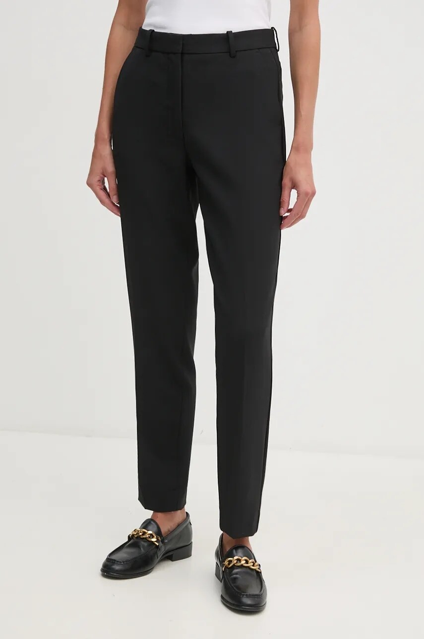 Nohavice s prímesou vlny Calvin Klein čierna farba, cigaretový strih, vysoký pás, K20K207589