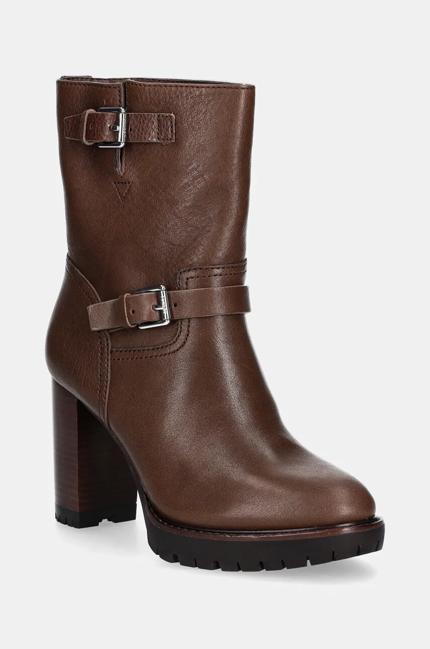 Kožené členkové topánky Lauren Ralph Lauren Lyvia dámske, hnedá farba, na podpätku, 802937819003