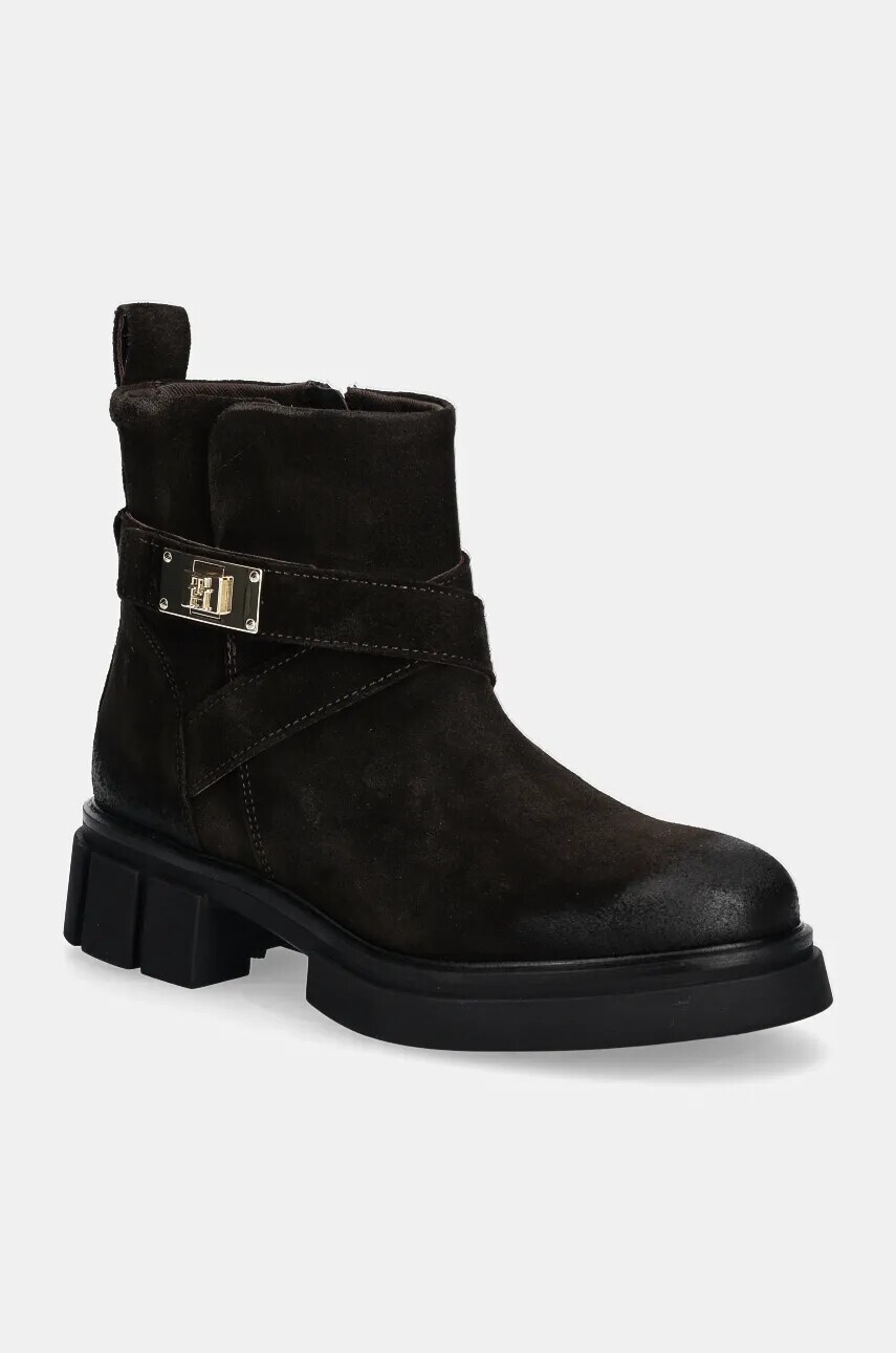 Semišové topánky Tommy Hilfiger BIKER BRUSHED SUEDE dámske, hnedá farba, na plochom podpätku, FW0FW08454