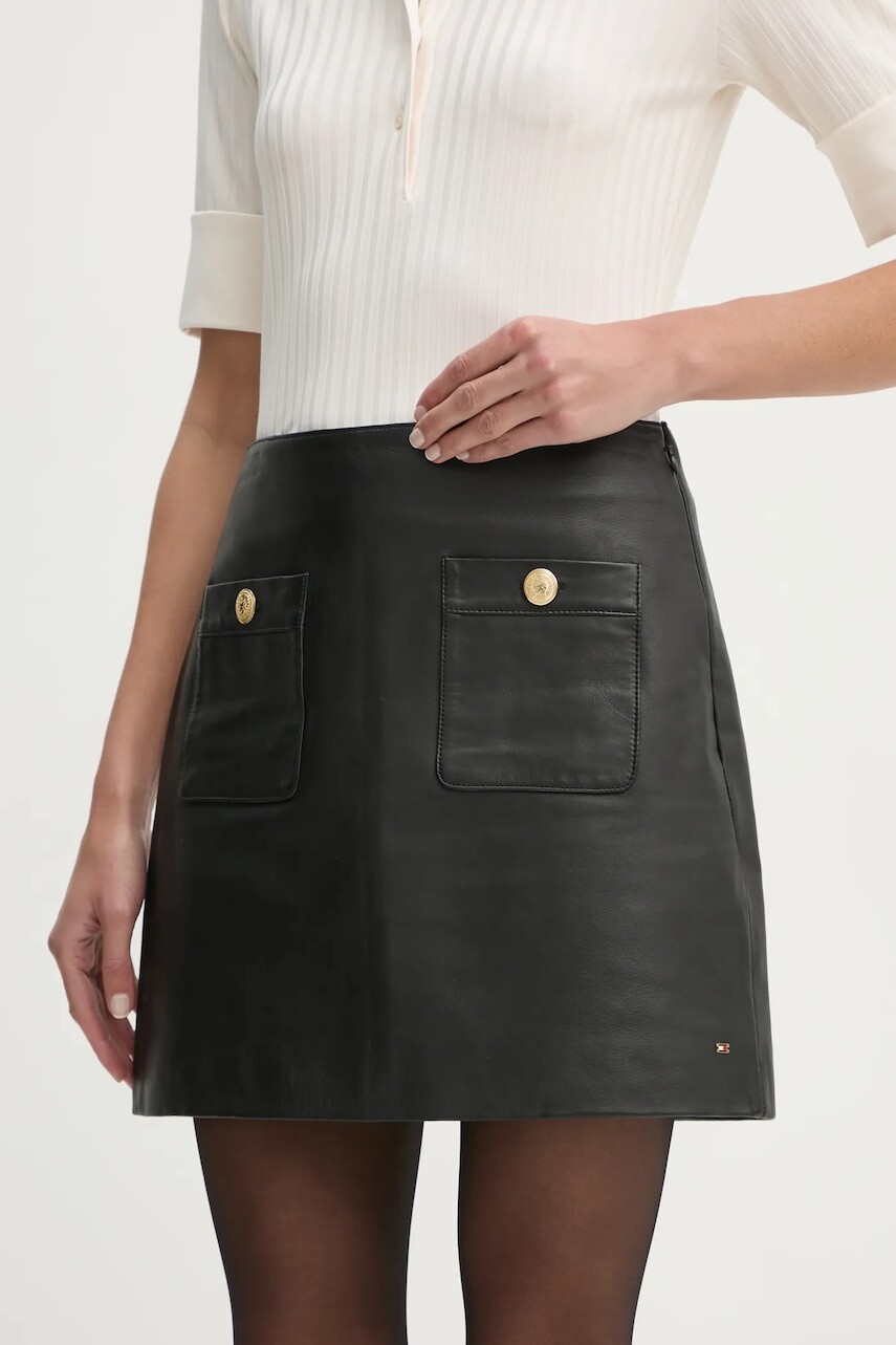 Kožená sukňa Tommy Hilfiger čierna farba, mini, rovný strih, WW0WW43782