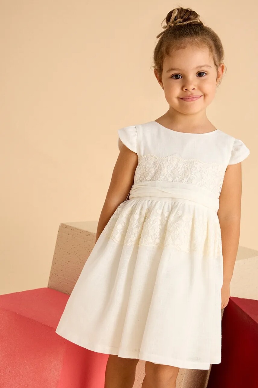 Dievčenské šaty Mayoral béžová farba, mini, áčkový strih, 3911